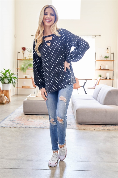 S10-18-2-PPT20866-BKIV-1 - PUFF LONG SLEEVE V-NECK DOUBLE STRAP POLKA DOT TOP- BLACK-IVORY 0-2-1-2