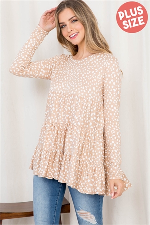 SA4-5-3-PPT20873X-KHKIV - PLUS SIZE DALMATIAN PRINT LONG SLEEVE TIERED RUFFLE TOP- KHAKI-IVORY 3-2-1