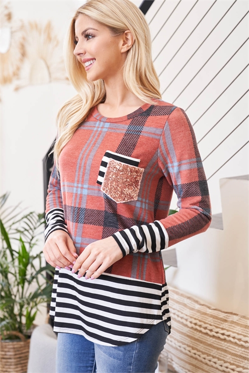 S12-12-2-PPT20874-BKRUTLBKIV - PLAID STRIPES CONTRAST SEQUIN STRIPES HARMONY POCKET TOP- BLACK-RUST-TEAL/BLACK-IVORY 1-2-2-2