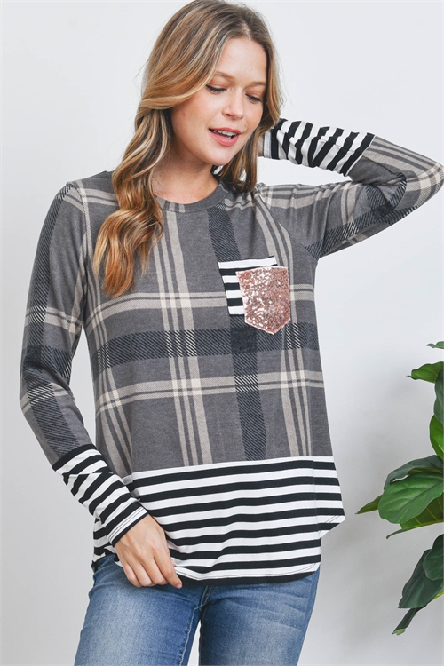 S12-5-4-PPT20874-LCHLKHKBKIV-1 - PLAID STRIPES CONTRAST SEQUIN STRIPES HARMONY POCKET TOP- L. CHARCOAL-KHAKI/BLACK-IVORY 0-1-2-2