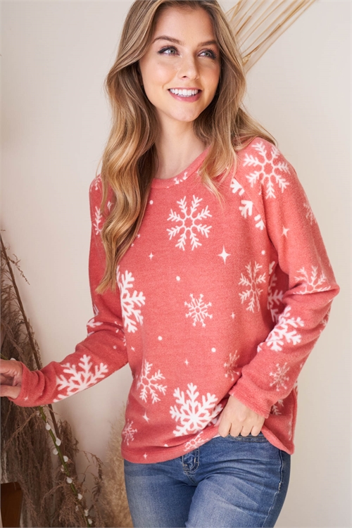 S10-13-4-PPT20877-RD-1 - SNOWFLAKES PRINT LONG SLEEVE CASHIMER TOP- RED 0-2-2-2