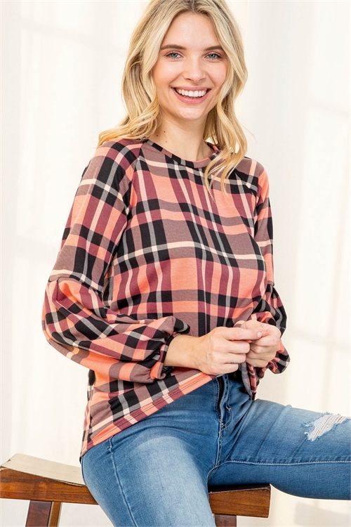 S10-4-4-PPT20878-CRL-1 - PUFF SLEEVE CREW NECK PLAID TOP- CORAL 0-2-2-2