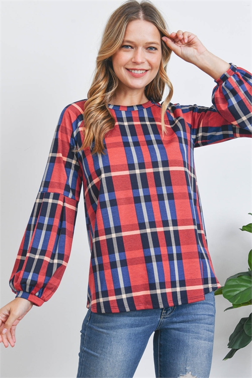S9-4-4-PPT20878-SCRLT - PUFF SLEEVE CREW NECK PLAID TOP- SCARLET 1-2-2-2