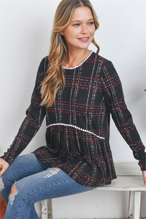 S9-4-3-PPT20880-BK - POMPOM DETAIL LONG SLEEVE PLAID TOP- BLACK 1-2-2-2