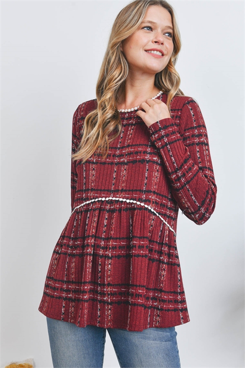 S11-7-3-PPT20880-WN - POMPOM DETAIL LONG SLEEVE PLAID TOP- WINE 1-2-2-2