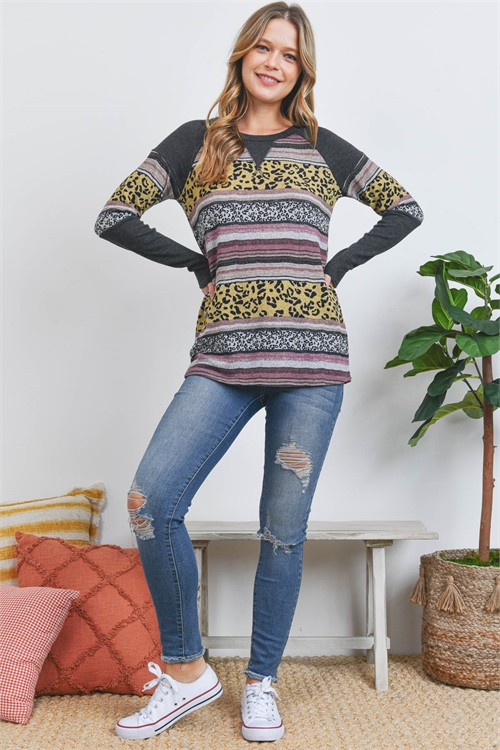 S15-1-3-PPT20884-MVTPYLW - MULTI-COLOR STRIPES LEOPARD CONTRAST TOP- MAUVE-TAUPE-YELLOW/CHARCOAL 2TONE 1-2-2-2