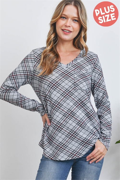 SA3-000-3-PPT20886X-CHL - PLUS SIZE V-NECK LONG SLEEVE PLAID POCKET TOP- CHARCOAL 3-2-1