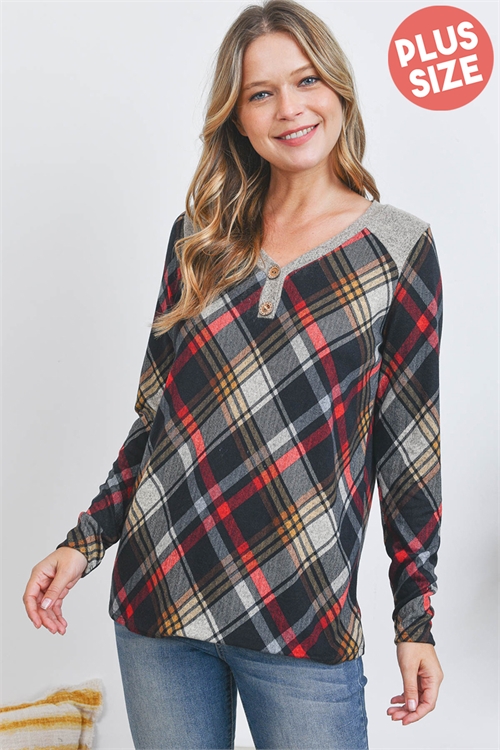 S16-3-3-PPT20887X-BKKHKRDCC - PLUS SIZE BUTTON DETAIL LONG SLEEVE PLAID BRUSHED HACCI TOP- BLACK-KHAKI-RED/COCO 3-2-1