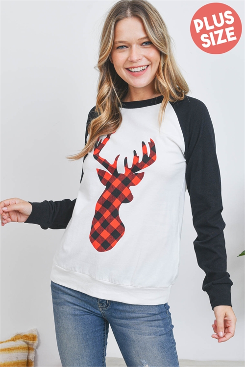 S10-6-3-PPT20890X-IVBKBKRD - PLUS SIZE PLAID MOOSE PRINT LONG SLEEVE RAGLAN TOP- IVORY/BLACK/BLACK-RED 3-2-1