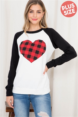 S8-7-3-PPT20891X-IVBKRD - PLUS SIZE PLAID HEART PRINT LONG SLEEVE TOP- IVORY/BLACK-RED 3-2-1