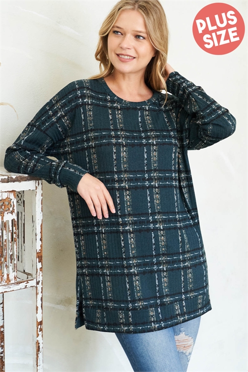 S15-2-3-PPT20893X-HNT - PLUS SIZE LONG SLEEVE PLAID TOP WITH SIDE SLIT- HUNTER 3-2-1
