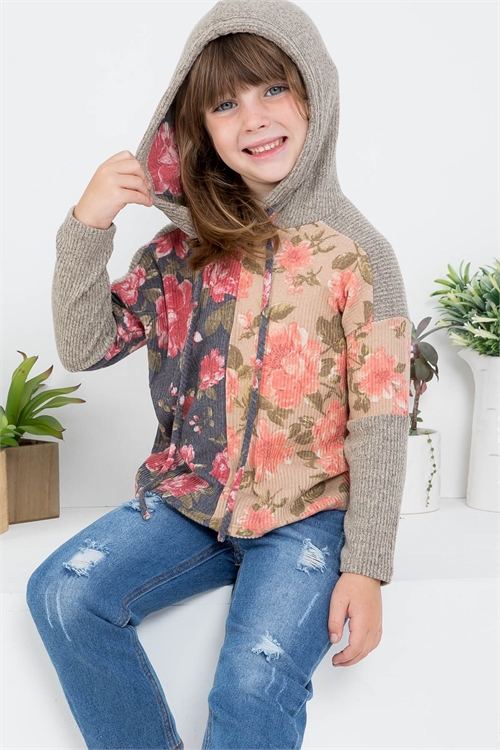 S12-7-1-PPT20894TK-TPCHLCC - KIDS FLORAL BELLA CONTRAST HOODIE WITH SELF TIE- TAUPE/CHARCOAL/COCO 1-1-1-1-1-1-1-1