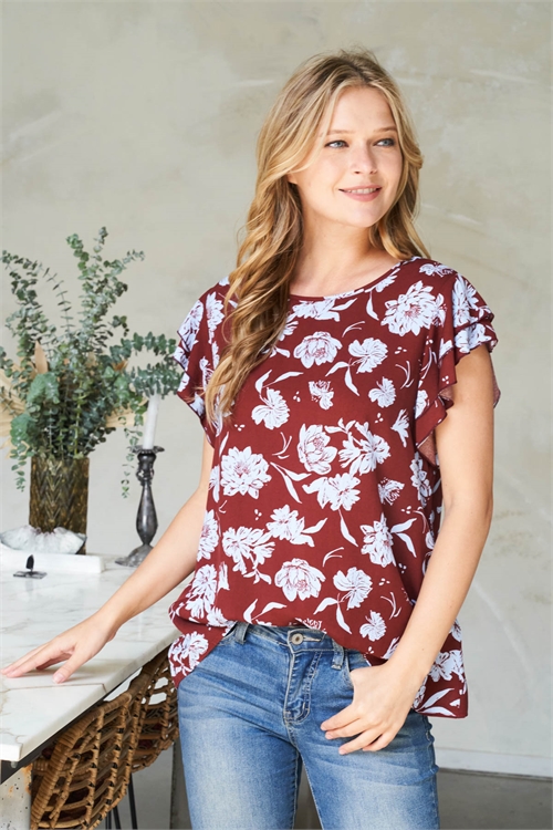 S12-12-4-PPT20900-CHCLT-1 - MERROW DETAIL RUFFLE SLEEVE FLORAL TOP- CHOCOLATE 1-2-2-2