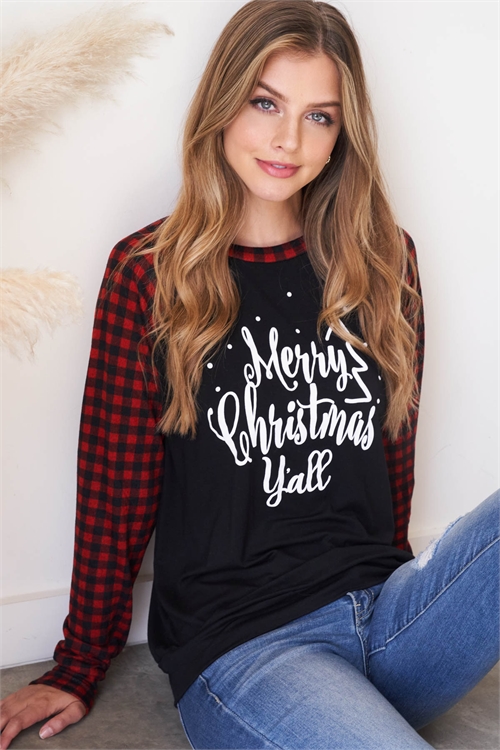 S16-5-1-PPT20903-BKRDCB - PLAID RAGLAN "MERRY CHRISTMAS" PRINT TOP- BLACK/RED COMBO 1-2-2-2