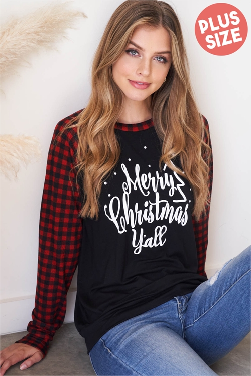 S8-14-2-PPT20903X-BKRDCB-1 - PLUS SIZE PLAID RAGLAN "MERRY CHRISTMAS" PRINT TOP- BLACK/RED COMBO 0-3-1