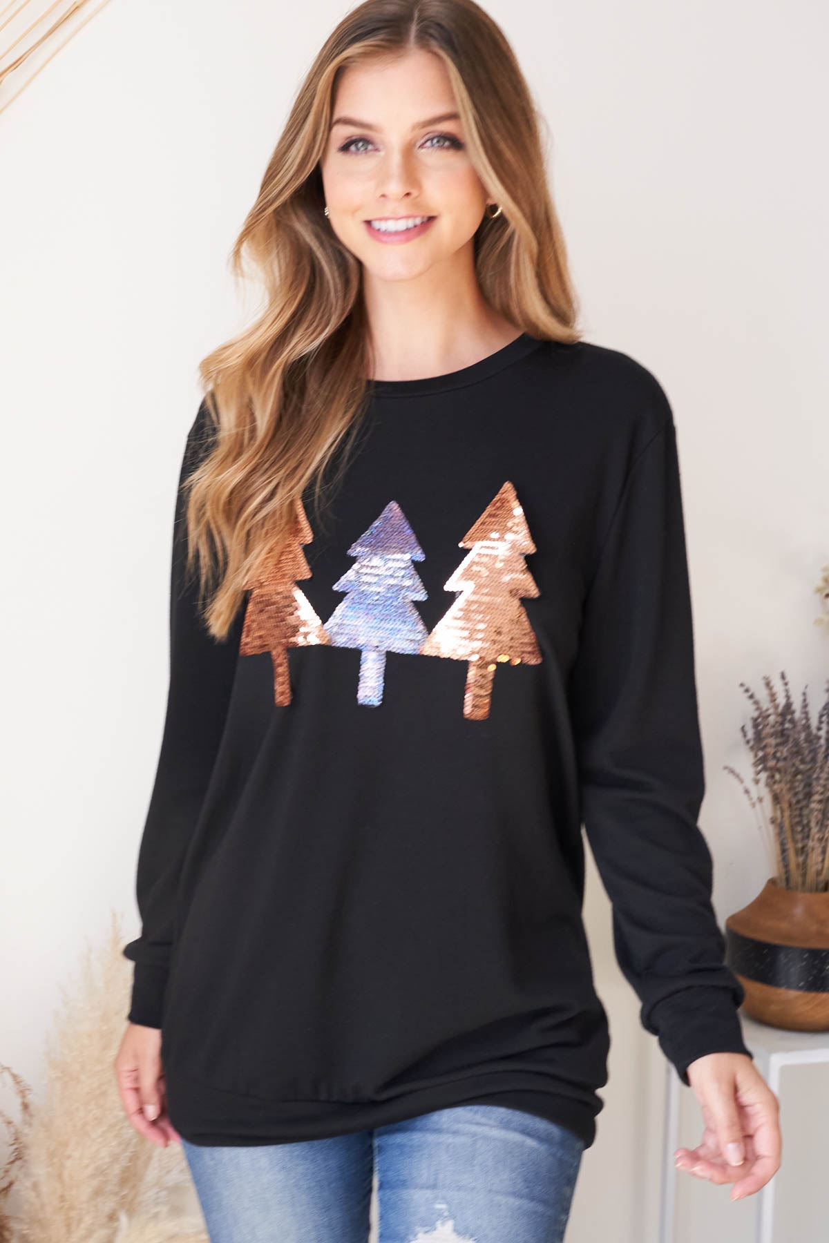 S7-10-1-PPT20909-BK - SEQUIN PINE TREES LONG SLEEVE TOP- BLACK 1-2-2-2