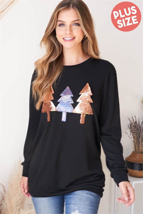 S12-12-1-PPT20909X-BK-1 - PLUS SIZE SEQUIN PINE TREES LONG SLEEVE TOP- BLACK 2-1-1