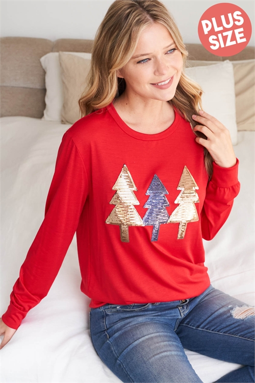S12-12-1-PPT20909X-RD-1 - PLUS SIZE SEQUIN PINE TREES LONG SLEEVE TOP- RED 1-2-1
