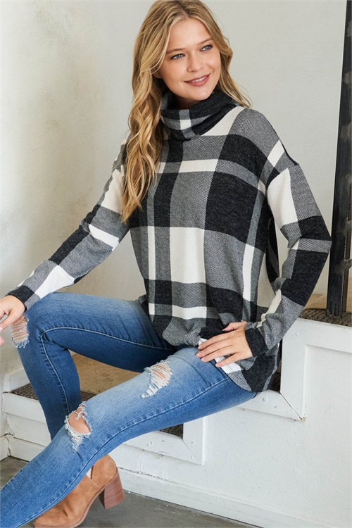 S10-2-2-PPT20911-BKWT - PLAID TURTLE NECK LONG SLEEVE TOP- BLACK-WHITE 1-2-2-2