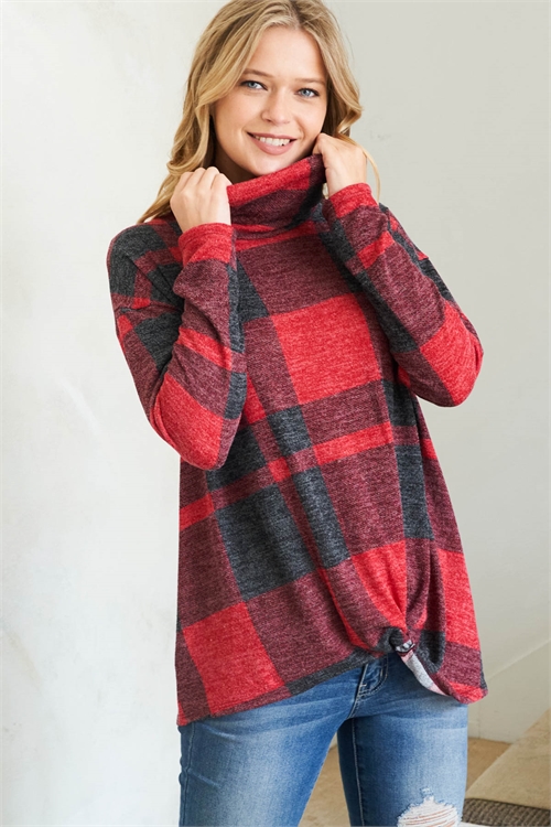 S9-3-2-PPT20911-RDBK - PLAID TURTLE NECK LONG SLEEVE TOP- RED-BLACK 1-2-2-2