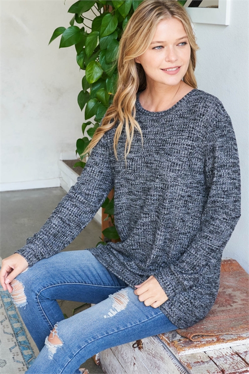 S11-9-4-PPT20912-BKCHB-1 - LONG HEM WAFFLE KNIT TOP- BLACK CHAMBRAY 0-2-2-1