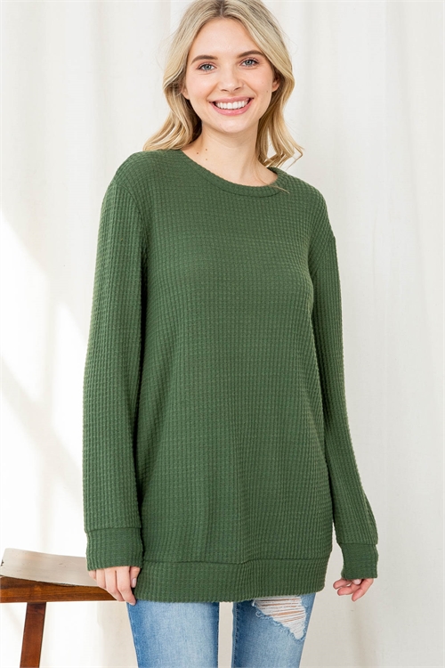 S11-8-1-PPT20912-OV - LONG HEM WAFFLE KNIT TOP- OLIVE 1-2-2-2