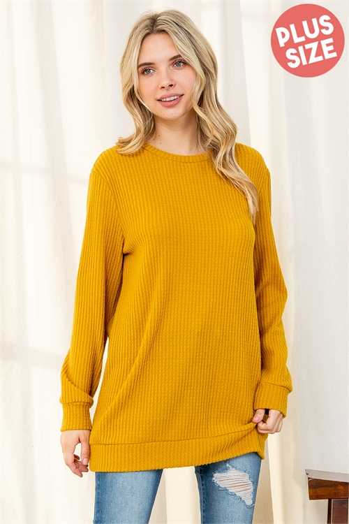 S8-14-1-PPT20912X-MU-1 - PLUS SIZE LONG HEM WAFFLE KNIT TOP- MUSTARD 2-2-1