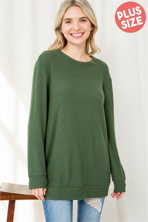 S11-14-4-PPT20912X-OV-1 - PLUS SIZE LONG HEM WAFFLE KNIT TOP- OLIVE 2-2-1