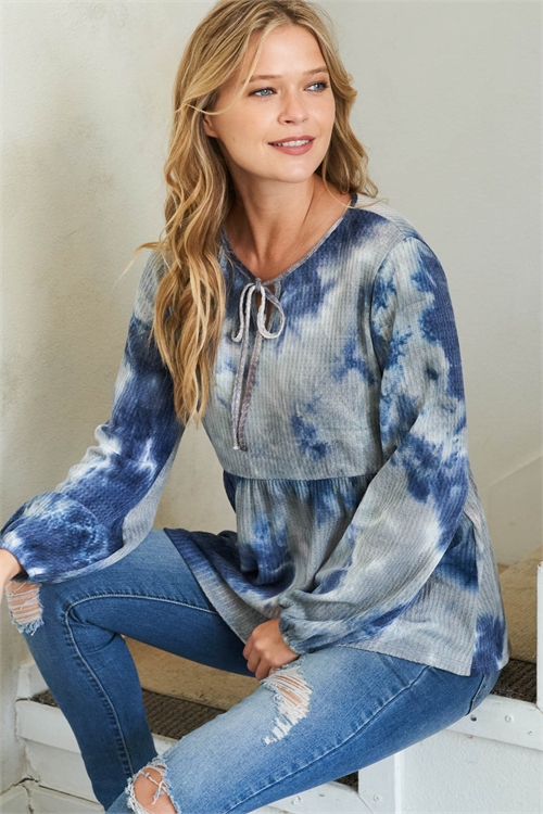 S11-20-4-PPT20915-NV-1 - PUFF SLEEVE NECKLINE RIBBON DETAIL TIE DYE WAFFLE TOP- NAVY 0-2-2-2