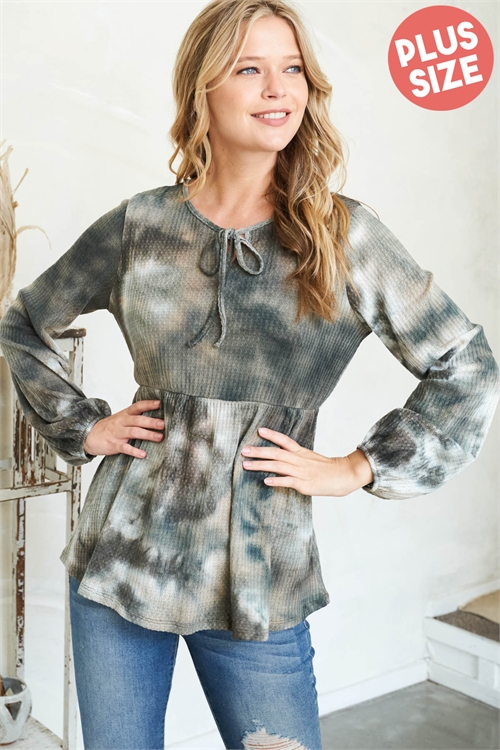 S16-3-5-PPT20915X-OV-1 - PLUS SIZE PUFF SLEEVE NECKLINE RIBBON DETAIL TIE DYE WAFFLE TOP- OLIVE 2-2-1