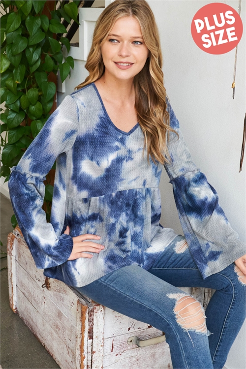 S15-3-4-PPT20916X-NV-1 - PLUS SIZE MERROW DETAIL BELL SLEEVES TIE DYE TOP- NAVY 2-1-1