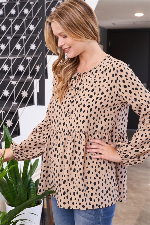 S11-5-2-PPT20917-TPBK - KEYHOLE RIBBON DETAIL PUFF SLEEVE LEOPARD TOP- TAUPE-BLACK 1-2-2-2