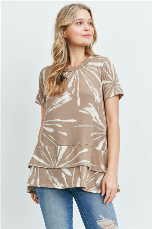 C18-A-3-PPT2091SS-TP - LONG SLEEVE TIE DYE LAYERED DETAIL HEM TOP- TAUPE 1-2-2-2