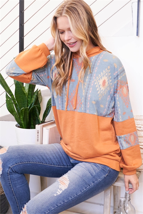 S15-8-2-PPT20925-PMPTLRU-1 - PRINTED CONTRAST SELF TIE HOODIE- PUMPKIN/TEAL-RUST 0-1-1-2