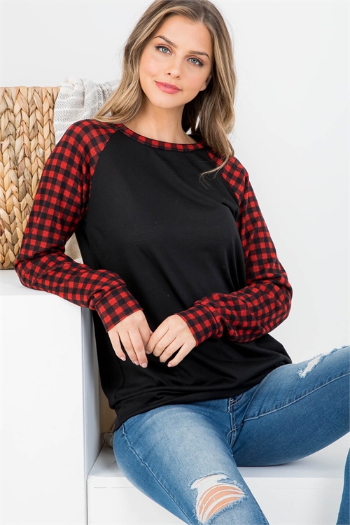 S10-15-3-PPT20933-BKRDCB-1 - PLAID RAGLAN LONG SLEEVES SOLID TOP- BLACK-RED COMBO 2-2-1-2