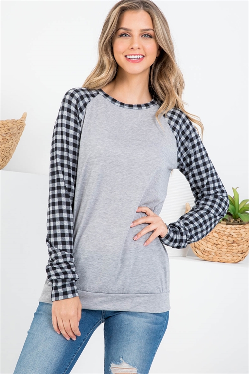 S10-15-3-PPT20933-HGGYCB-1 - PLAID RAGLAN LONG SLEEVES SOLID TOP- HEATHER GREY-GREY COMBO 1-4-2-0