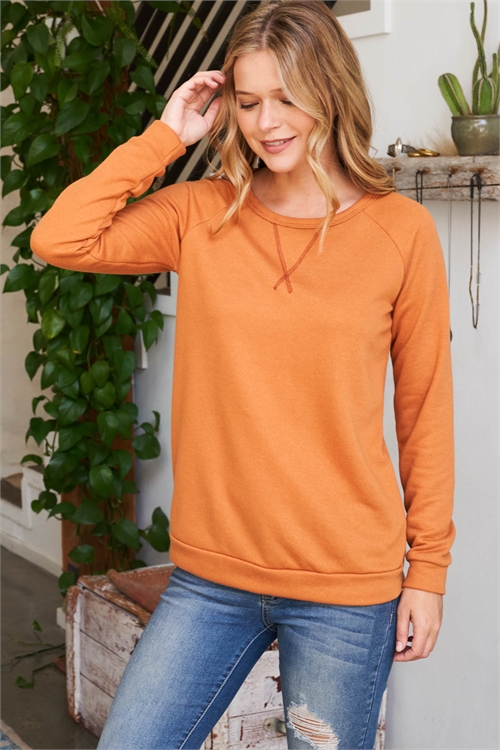 C32-A-1-PPT20934-PMP-1 - REVERSED THREAD DETAIL LONG SLEEVE SOLID TOP- PUMPKIN 1-2-2-0