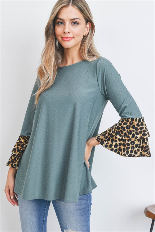 S10-17-1-PPT20939-PNGNBWNBK - LEOPARD BELL SLEEVE SWISS DOT TOP- PINE GREEN/BROWN/BLACK 1-2-2-2