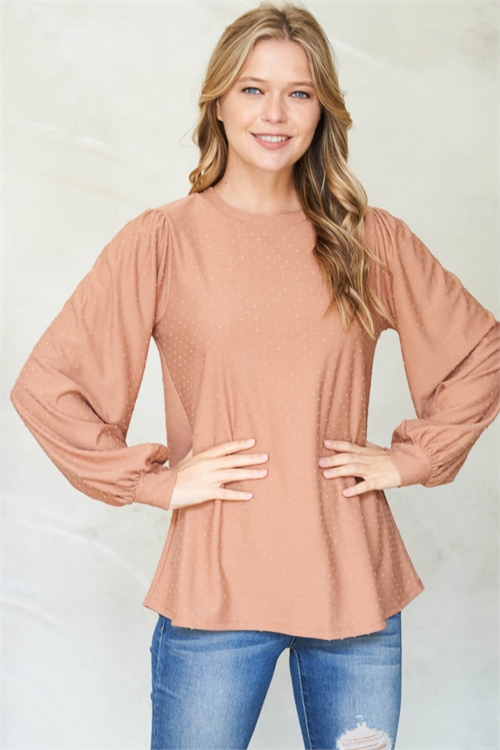 C6-B-PPT20940-CML-A -SWISS DOT PUFF SLEEVE ROUND NECK TOP-CAMEL 6-3-0-0