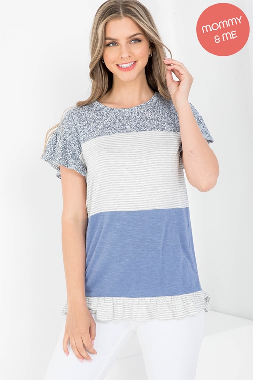 S12-2-4-PPT20948-HGIVGYDNM - STRIPE SLUB CONTRAST FLORAL ORNAMENT TOP- HEATHER GREY/IVORY-GREY-DENIM 1-2-2-2