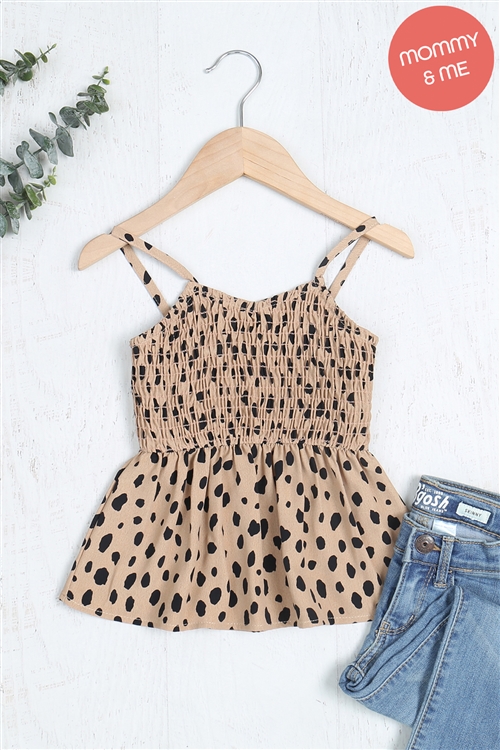 S8-12-3-PPT20950TK-TPBK-1 - KIDS SPAGHETTI STRAP SMOCK LEOPARD TOP- TAUPE BLACK 0-0-0-0-1-0-0-1