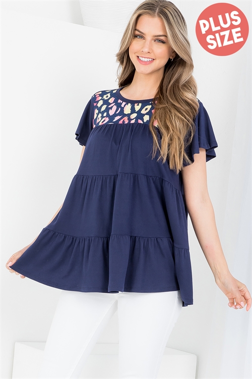 S15-10-3-PPT20951X-NVNVCB - PLUS SIZE LEOPARD YOKE TIERED RUFFLE SOLID SWING TOP- NAVY-NAVY COMBO 3-2-1