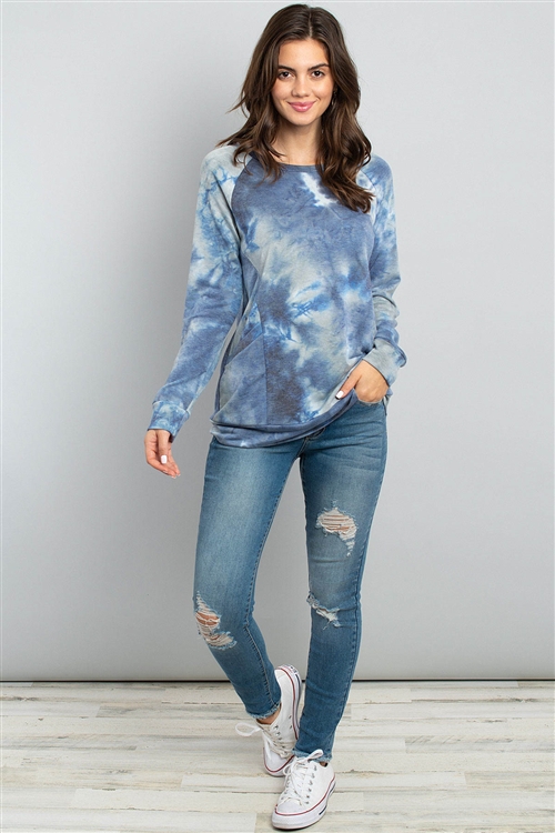 S5-2-3-PPT2096-NVGY - TIE DYE  LONG SLEEVE TOP WITH KANGAROO POCKET- NAVY/GREY 1-2-2-2