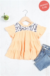 S4-9-3-PPT20963TK-TNGR-1 - KIDS LEOPARD YOKE TIERED RUFFLE SOLID RIB TOP- TANGERINE-WHITE/PURPLE/YELLOW 2-1-0-0-0-0-0-2