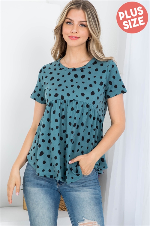 S16-8-3-PPT20964X-HNTRBK - PLUS SIZE ANIMAL PRINT SHORT SLEEVE ROUND NECK TOP- HUNTER/BLACK 3-2-1