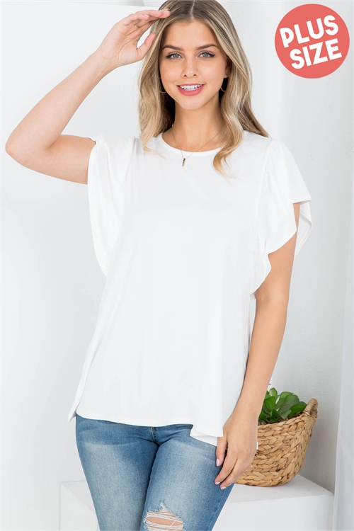 S13-1-2-PPT20967X-IV-A - PLUS SIZE FLUTTER SLEEVE ROUND NECK SOLID TOP- IVORY  0-0-3