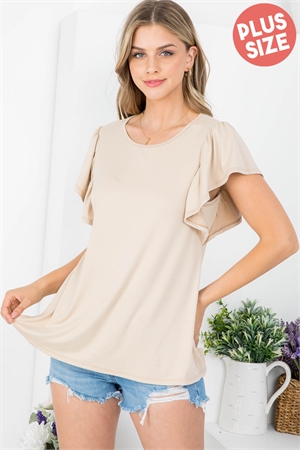 S6-10-1-PPT20967X-MC - PLUS SIZE FLUTTER SLEEVE ROUND NECK SOLID TOP- MOCHA 3-2-1