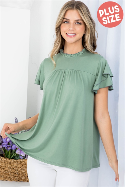 S10-4-1-PPT20970X-MLTRGN - PLUS SIZE MERROW MOCK NECK LAYERED RUFFLE SLEEVE TOP- MILITARY GREEN 3-2-1