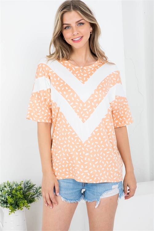 S16-12-1-PPT20972-PCHOFW - PLUS SIZE HALF SLEEVE CHEVRON DETAIL PRINTED TOP- PEACH/OFF WHITE-IVORY 1-2-2-2 (NOW $3.75 ONLY!)