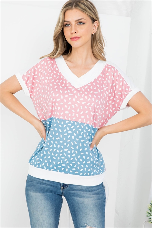 C74-B-PPT20973-DPBLSDSTBL-A - SOLID BANDS ANIMAL PRINT TOP- DEEP BLUSH-DUSTY BLUE-IVORY 2-4-3-1